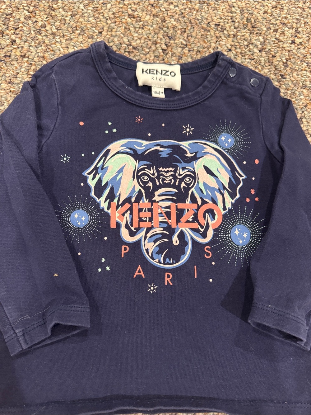 Kenzo Kids Navy Long-Sleeve Elephant Graphic Tee with Coral Logo
